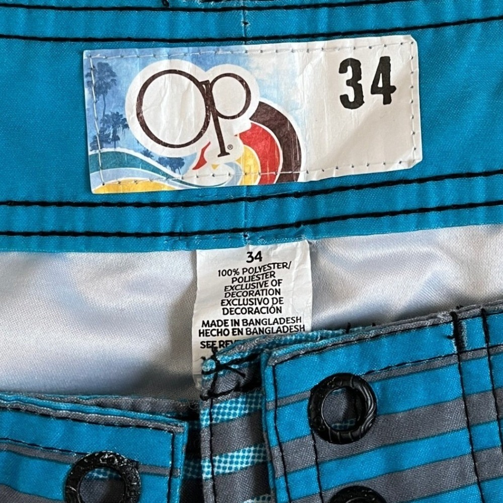 Y2K OP Ocean Pacific Mens Blue Striped Floral Filigree Board Shorts Size 34 - Picture 3 of 6